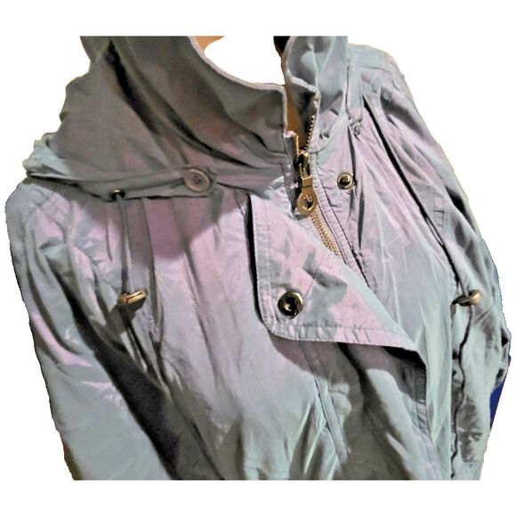 London Fog Color Shift Blue Purple Windbreaker Sz M Long Drawstring Hood - Picture 3 of 9